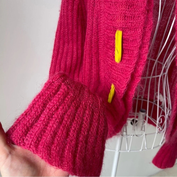 Trina Turk open from cardigan mohair blend silk bow pink yellow cowl neck size S - Picture 2 of 9